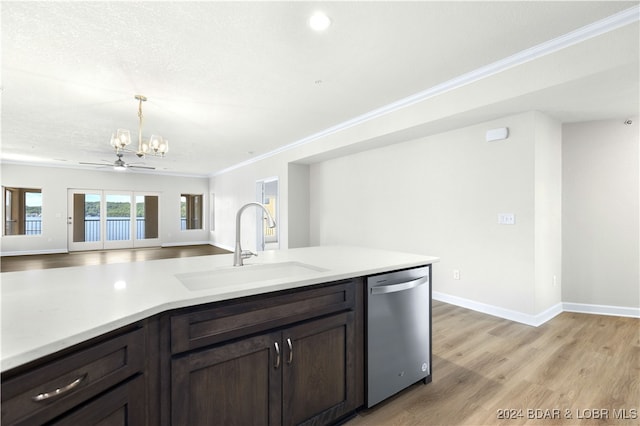 kitchen with dishwasher, ornamental molding, dark brown cabinetry, sink, and light wood-type flooring