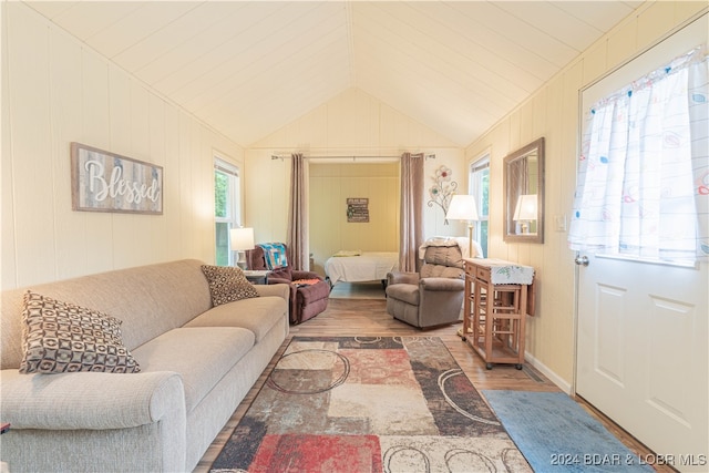 living room with vaulted ceiling and wood-type flooring