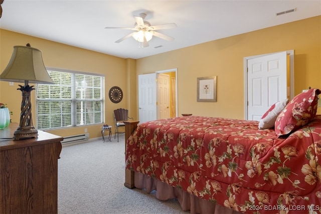 bedroom with a baseboard heating unit, carpet flooring, and ceiling fan