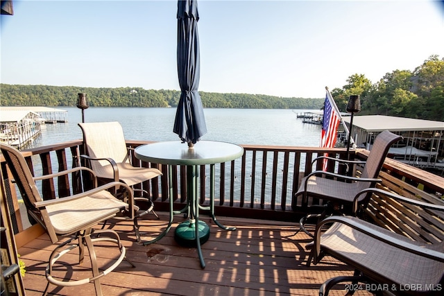 wooden deck with a water view