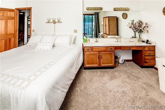 bedroom with sink and light colored carpet