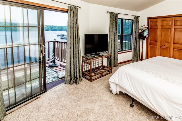 bedroom featuring light carpet and vaulted ceiling