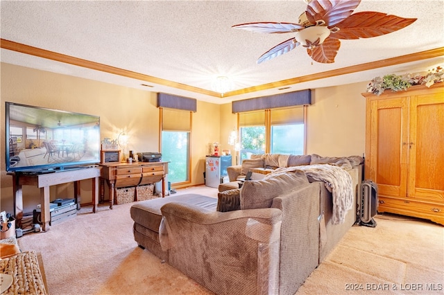 living room featuring a raised ceiling, light carpet, ceiling fan, and a textured ceiling