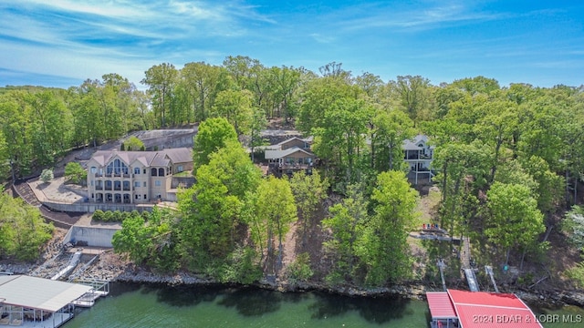 drone / aerial view with a water view and a wooded view