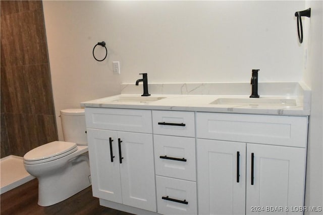 bathroom with wood-type flooring, toilet, and vanity