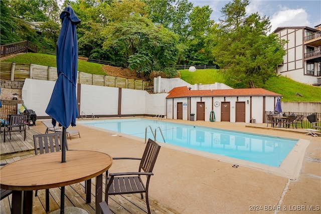 view of swimming pool featuring a patio area