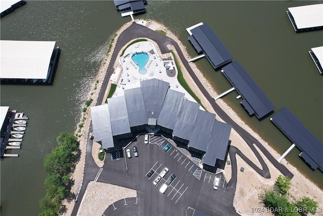 drone / aerial view featuring a water view