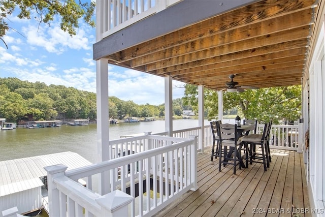 exterior space featuring ceiling fan and a water view