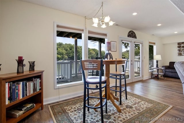 dining space with a wealth of natural light, french doors, and dark hardwood / wood-style flooring