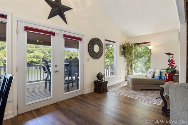 doorway to outside featuring hardwood / wood-style flooring, french doors, and high vaulted ceiling