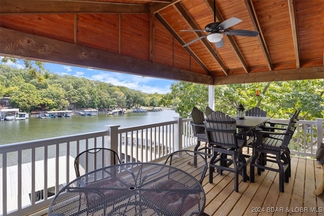 wooden deck featuring ceiling fan and a water view