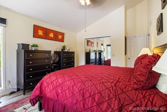 bedroom featuring hardwood / wood-style flooring, a closet, and high vaulted ceiling