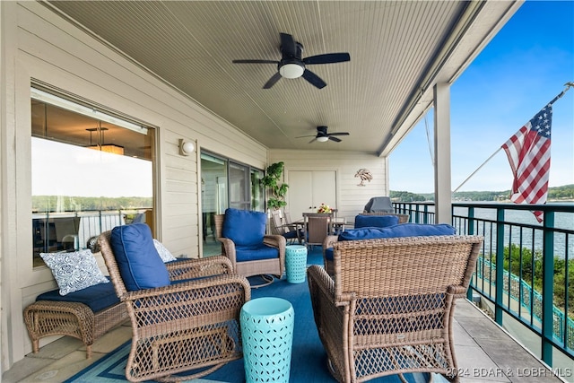 view of patio / terrace featuring a balcony, an outdoor hangout area, and ceiling fan