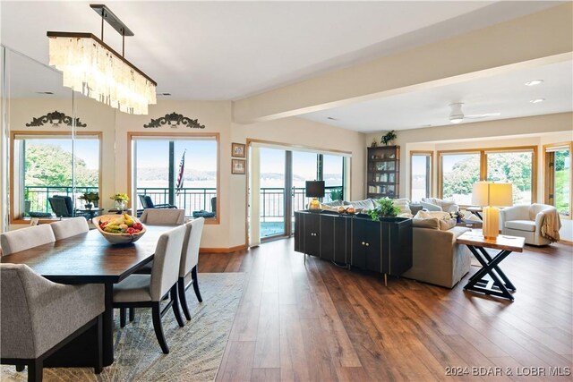 dining area with beamed ceiling, hardwood / wood-style flooring, and ceiling fan