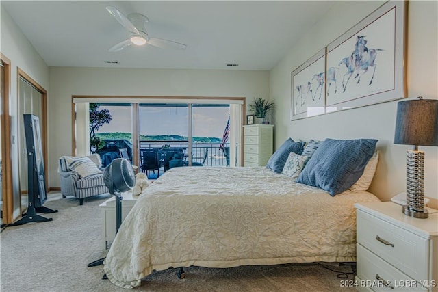 bedroom with visible vents, carpet, a ceiling fan, and access to exterior