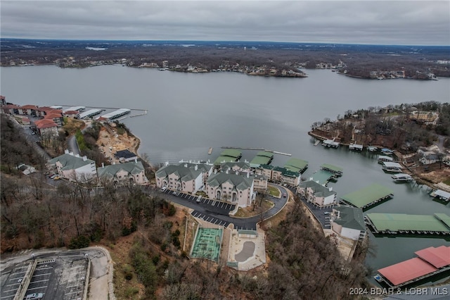 birds eye view of property featuring a water view