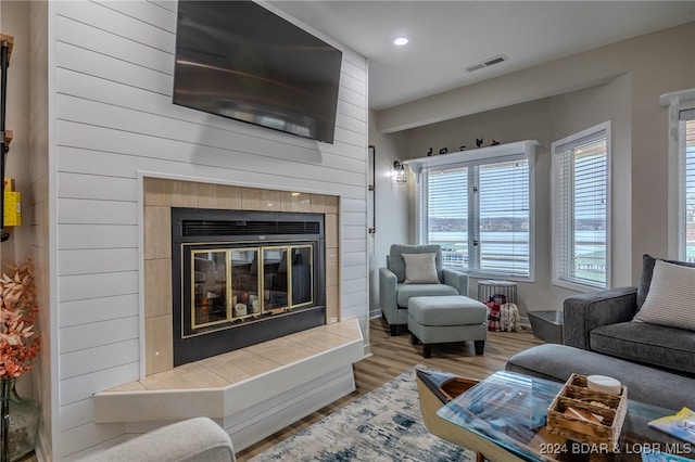 living room with a fireplace and wood-type flooring