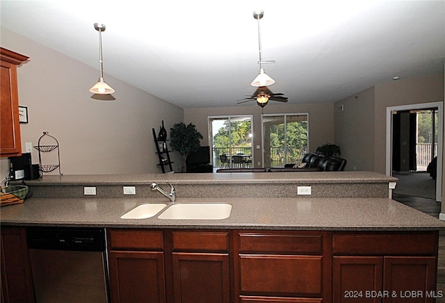 kitchen featuring dishwasher, ceiling fan, and sink