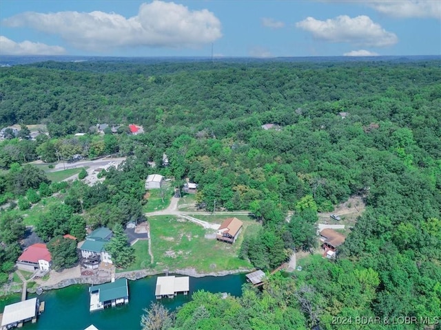 aerial view with a water view and a wooded view