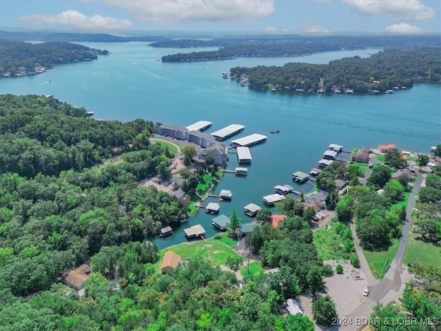 drone / aerial view with a water view