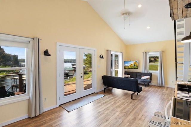 interior space with high vaulted ceiling, light wood-type flooring, and plenty of natural light