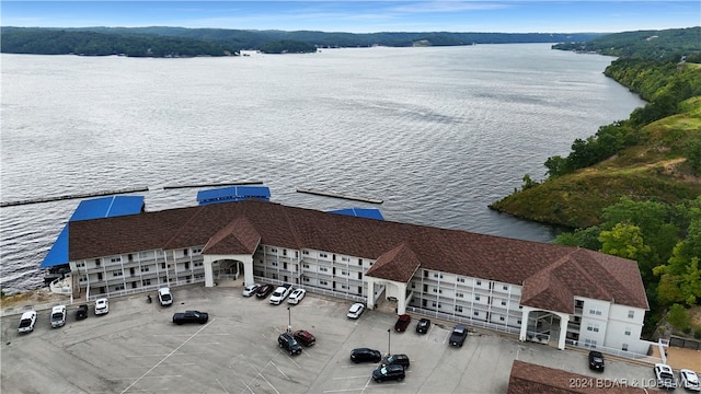 drone / aerial view featuring a water view