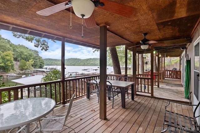 deck featuring a water view and ceiling fan