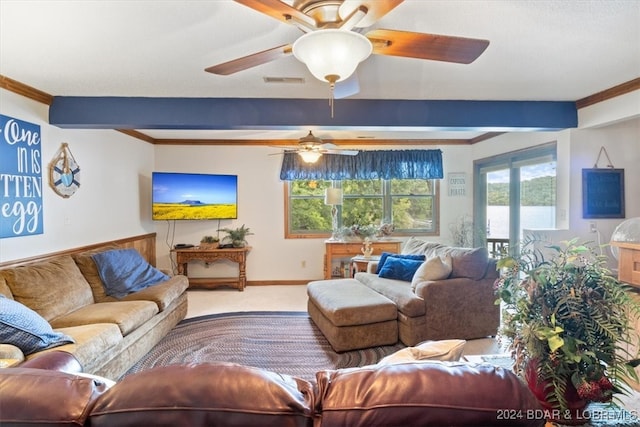 living room featuring ornamental molding, carpet floors, and ceiling fan