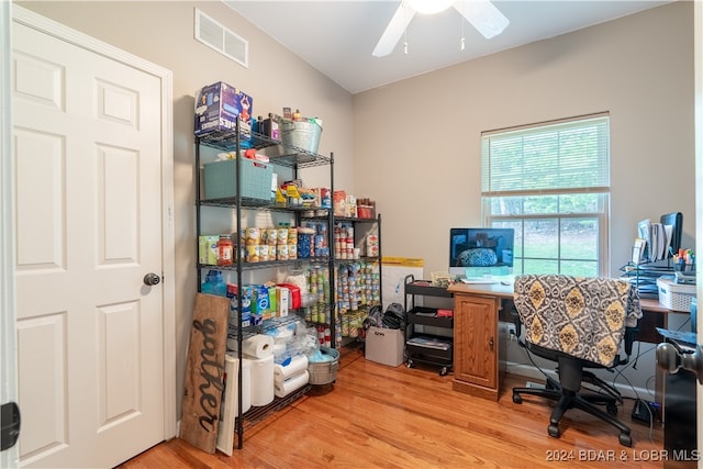 office space with light hardwood / wood-style flooring and ceiling fan