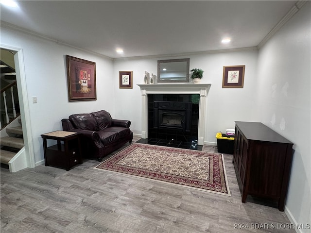 living room featuring light hardwood / wood-style flooring, ornamental molding, and a wood stove