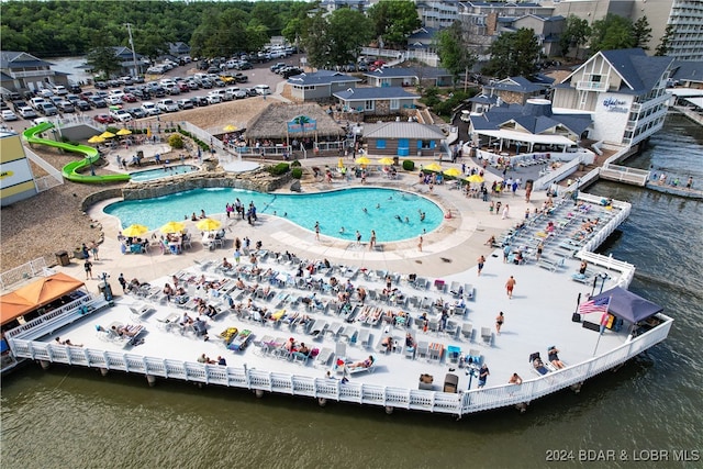 drone / aerial view with a water view