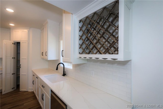 17023 Seminole Dr W, Rocky Mount, MO 65072 - kitchen featuring white cabinets, wine cooler, decorative backsplash, and recessed lighting