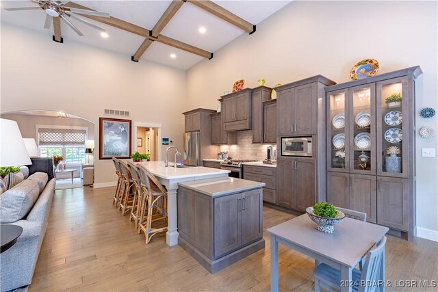 kitchen featuring appliances with stainless steel finishes, light hardwood / wood-style floors, an island with sink, decorative backsplash, and ceiling fan