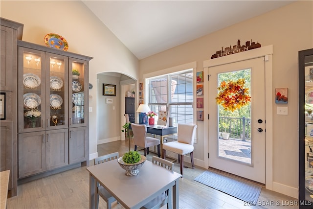 doorway to outside featuring lofted ceiling, plenty of natural light, and light hardwood / wood-style flooring