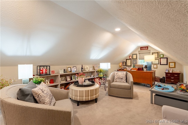 living room with a textured ceiling, carpet flooring, and vaulted ceiling