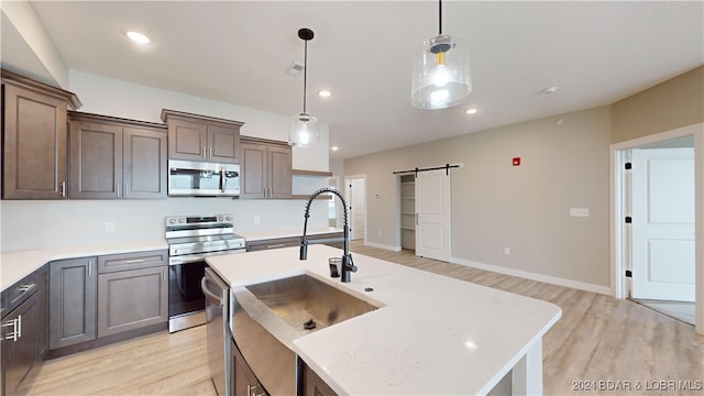 kitchen featuring light hardwood / wood-style flooring, appliances with stainless steel finishes, sink, and a barn door