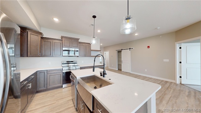 kitchen featuring light hardwood / wood-style floors, a barn door, stainless steel appliances, and hanging light fixtures