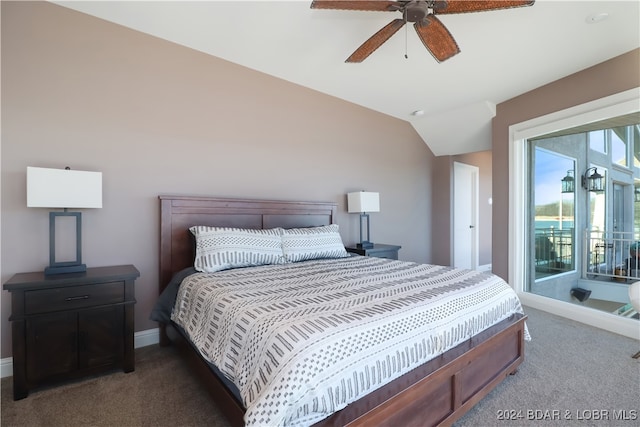 carpeted bedroom featuring lofted ceiling, ceiling fan, and access to exterior