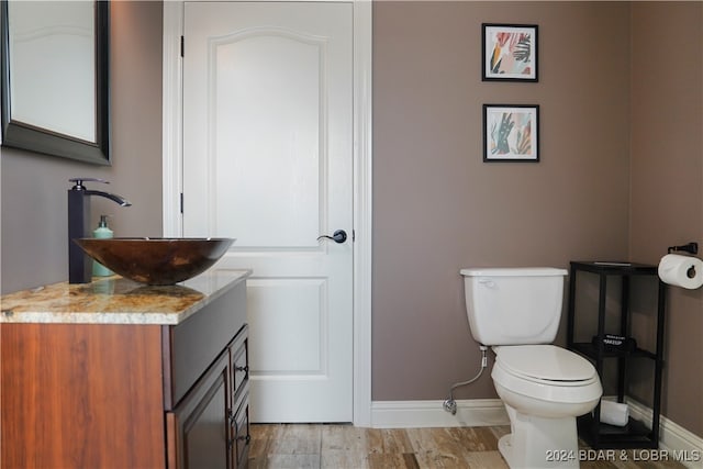 bathroom with wood-type flooring, toilet, and vanity