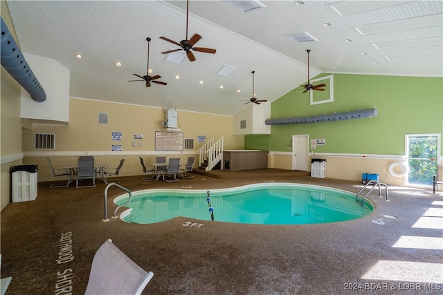 view of pool featuring ceiling fan