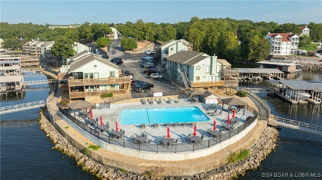 drone / aerial view with a water view