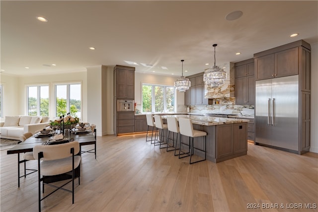 kitchen featuring pendant lighting, a large island, stainless steel appliances, light hardwood / wood-style floors, and decorative backsplash