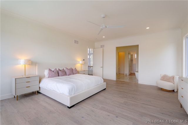 bedroom with ceiling fan and light wood-type flooring