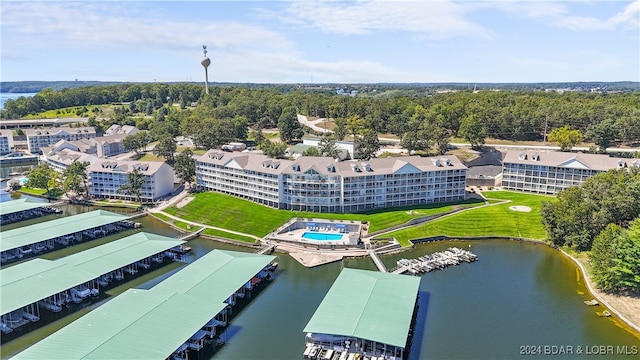 drone / aerial view with a water view