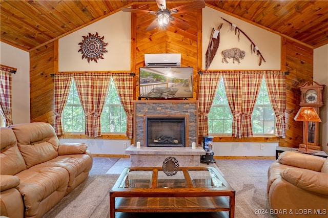 living room with lofted ceiling, ceiling fan, wooden walls, and a fireplace