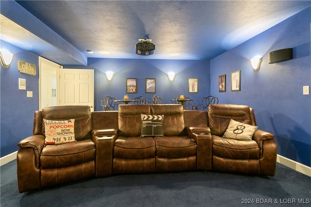 carpeted cinema with a textured ceiling