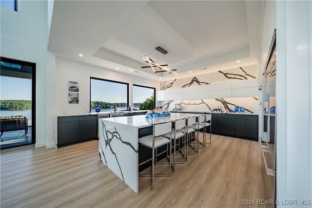 kitchen with a tray ceiling, a breakfast bar, a kitchen island, and light hardwood / wood-style floors