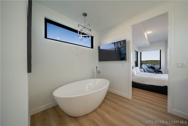 bathroom with wood-type flooring and a washtub