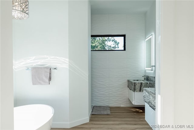 bathroom with tile walls, wood-type flooring, and vanity