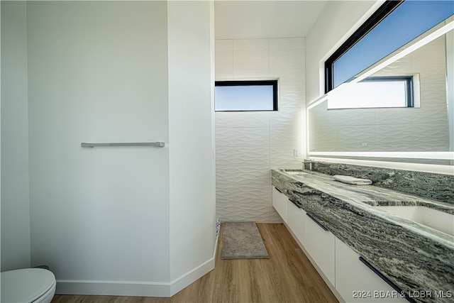 bathroom featuring vanity, toilet, a wealth of natural light, and hardwood / wood-style flooring